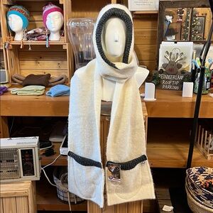 Cozy Cream and Gray Knit Hooded Scarf with hand pockets